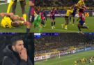 A difficult shot happened to a Dortmund player while executing a direct free kick against Barcelona in the last second of the match